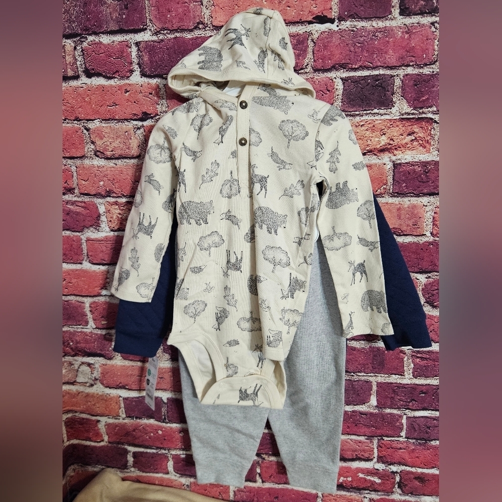 Carters 24mths Cream Animal Print Baby Onesie Gray Pants N Navy Pull Over - Picture 6 of 7